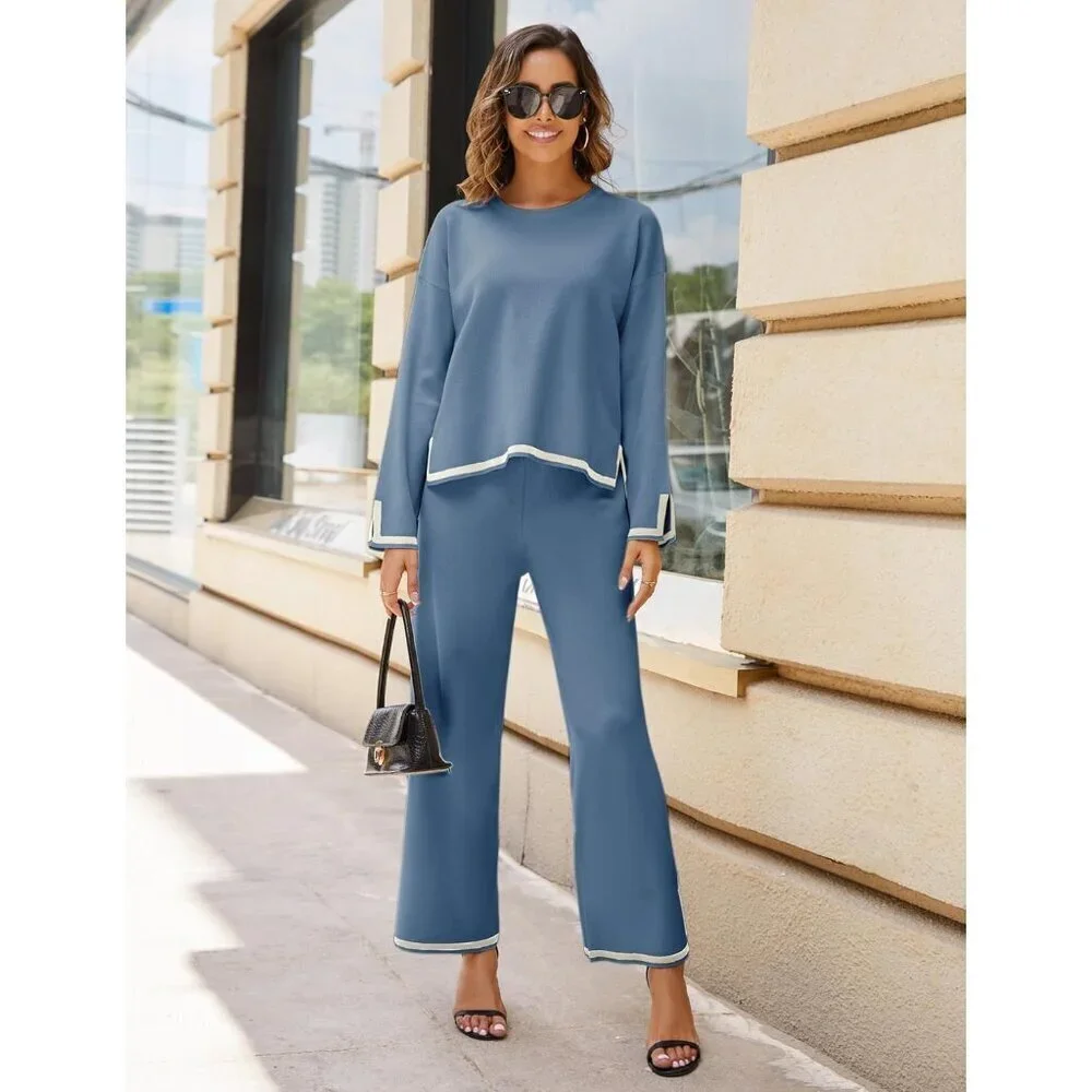 Women's Blue Long Sleeve Knit Sweater Top & Wide Leg Pants Lounge Set